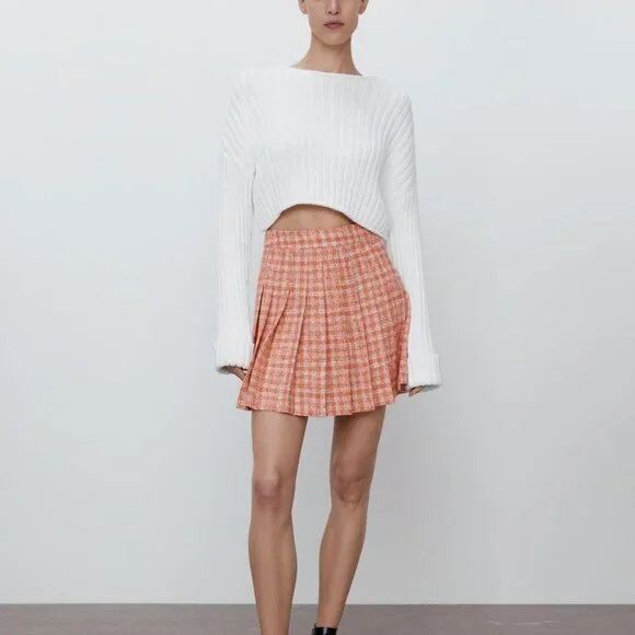 🎈HOST P 🎈 NEW ZARA Tweed Pleated Structured Mini High Waist Plaid Skirt, XXL - Picture 3 of 16
